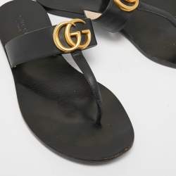Gucci Black Leather GG Marmont Thong Flats Size 37.5