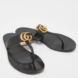 Gucci Black Leather GG Marmont Thong Flats Size 37.5