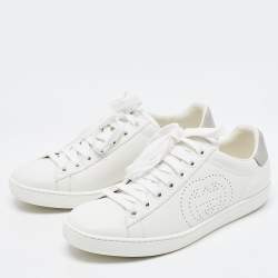 Pre Owned Gucci White Perforated Interlocking G Leather Sneakers Size 36