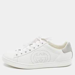 Pre Owned Gucci White Perforated Interlocking G Leather Sneakers Size 36