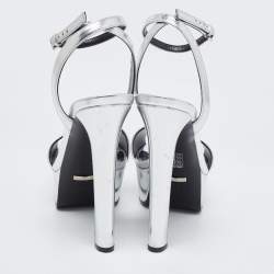 Pre Owned Gucci Silver Patent Leather Platform Ankle Strap Sandals Size 39