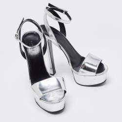 Pre Owned Gucci Silver Patent Leather Platform Ankle Strap Sandals Size 39