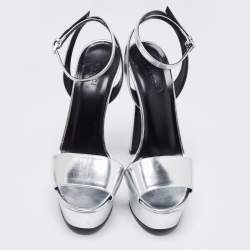Pre Owned Gucci Silver Patent Leather Platform Ankle Strap Sandals Size 39