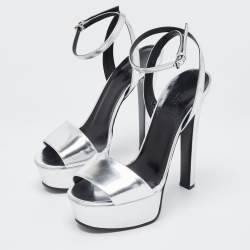 Pre Owned Gucci Silver Patent Leather Platform Ankle Strap Sandals Size 39