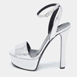 Pre Owned Gucci Silver Patent Leather Platform Ankle Strap Sandals Size 39