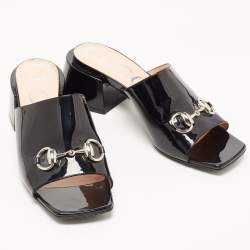 Gucci Black Patent Leather Horsebit Lexi Block Heel Slide Sandals Size 38