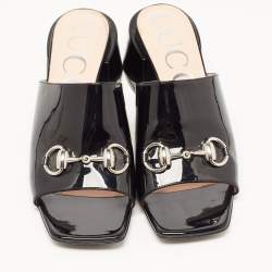 Gucci Black Patent Leather Horsebit Lexi Block Heel Slide Sandals Size 38