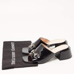 Gucci Black Patent Leather Horsebit Lexi Block Heel Slide Sandals Size 38
