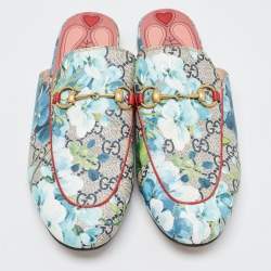 Gucci Grey Canvas  Flower Print Princetown Mules Size 38.5