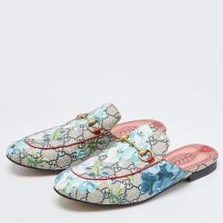 Gucci Grey Canvas  Flower Print Princetown Mules Size 38.5