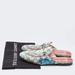 Gucci Grey Canvas  Flower Print Princetown Mules Size 38.5