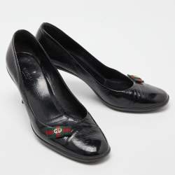 Pre Owned Gucci Black Patent Leather Web Bow Pumps Size 38.5