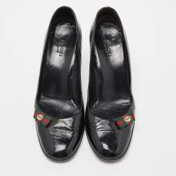 Pre Owned Gucci Black Patent Leather Web Bow Pumps Size 38.5