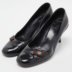 Pre Owned Gucci Black Patent Leather Web Bow Pumps Size 38.5