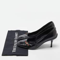 Pre Owned Gucci Black Patent Leather Web Bow Pumps Size 38.5