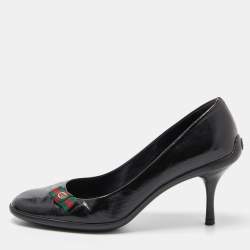 Pre Owned Gucci Black Patent Leather Web Bow Pumps Size 38.5