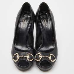 Pre Owned Gucci Black Leather Horsebit Peep Toe Pumps Size 35
