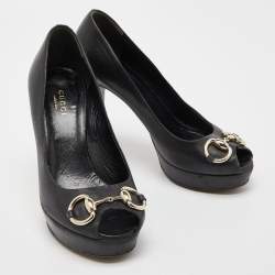 Pre Owned Gucci Black Leather Horsebit Peep Toe Pumps Size 35