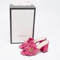Gucci Pink Suede Double G Fringe Details Block Heel Slide Sandals Size 38