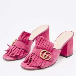 Gucci Pink Suede Double G Fringe Details Block Heel Slide Sandals Size 38