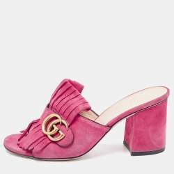 Gucci Pink Suede Double G Fringe Details Block Heel Slide Sandals Size 38