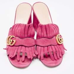 Gucci Pink Suede Double G Fringe Details Block Heel Slide Sandals Size 38