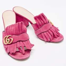 Gucci Pink Suede Double G Fringe Details Block Heel Slide Sandals Size 38