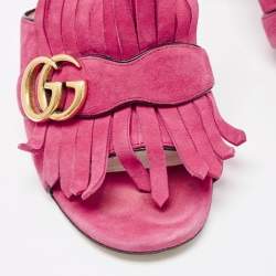 Gucci Pink Suede Double G Fringe Details Block Heel Slide Sandals Size 38