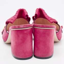 Gucci Pink Suede Double G Fringe Details Block Heel Slide Sandals Size 38