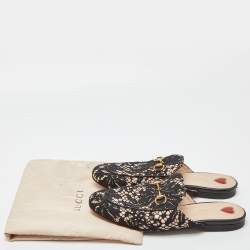 Pre Owned Gucci Black/Beige Lace and Leather Princetown Flat Mules Size 37.5