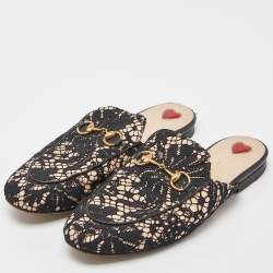 Pre Owned Gucci Black/Beige Lace and Leather Princetown Flat Mules Size 37.5
