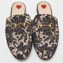 Pre Owned Gucci Black/Beige Lace and Leather Princetown Flat Mules Size 37.5