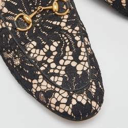 Pre Owned Gucci Black/Beige Lace and Leather Princetown Flat Mules Size 37.5