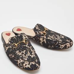 Pre Owned Gucci Black/Beige Lace and Leather Princetown Flat Mules Size 37.5