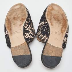 Pre Owned Gucci Black/Beige Lace and Leather Princetown Flat Mules Size 37.5