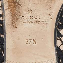 Pre Owned Gucci Black/Beige Lace and Leather Princetown Flat Mules Size 37.5