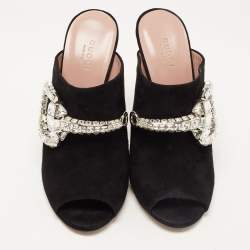 مملوكة مسبقًا Gucci Black Suede Maxime Crystals Embellished Open Toe Slide Sandals Size 38.5