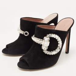 مملوكة مسبقًا Gucci Black Suede Maxime Crystals Embellished Open Toe Slide Sandals Size 38.5