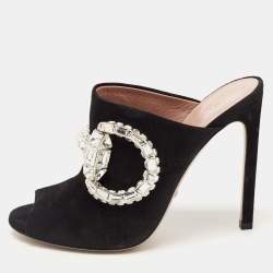 مملوكة مسبقًا Gucci Black Suede Maxime Crystals Embellished Open Toe Slide Sandals Size 38.5