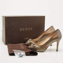 Pre Owned Gucci Holographic Texture Leather New Hollywood Horsebit Peep Toe Pumps Size 36