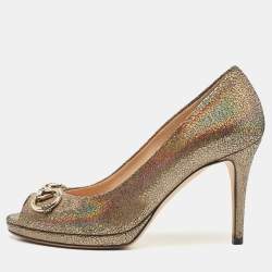 Pre Owned Gucci Holographic Texture Leather New Hollywood Horsebit Peep Toe Pumps Size 36