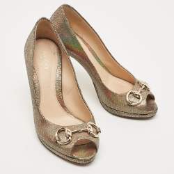 Pre Owned Gucci Holographic Texture Leather New Hollywood Horsebit Peep Toe Pumps Size 36