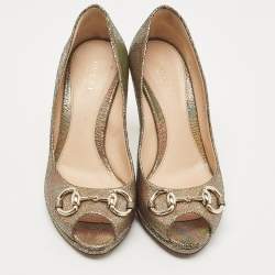 Pre Owned Gucci Holographic Texture Leather New Hollywood Horsebit Peep Toe Pumps Size 36