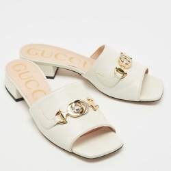 Gucci Cream Leather Zumi Interlocking G Horsebit Slides Size 37