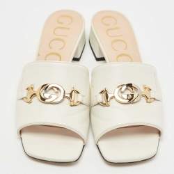 Gucci Cream Leather Zumi Interlocking G Horsebit Slides Size 37