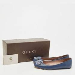 Gucci Blue Leather Crystal Interlocking G Ballet Flats Size 36.5