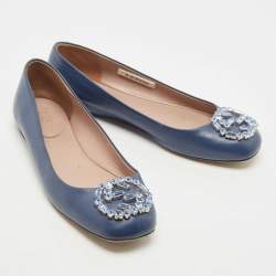 Gucci Blue Leather Crystal Interlocking G Ballet Flats Size 36.5