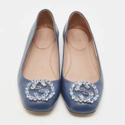 Gucci Blue Leather Crystal Interlocking G Ballet Flats Size 36.5