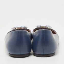 Gucci Blue Leather Crystal Interlocking G Ballet Flats Size 36.5