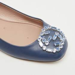 Gucci Blue Leather Crystal Interlocking G Ballet Flats Size 36.5